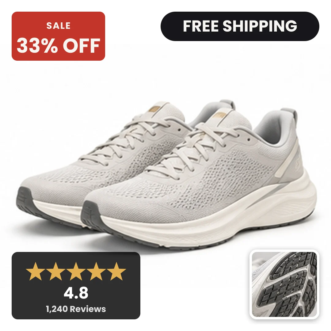 A running shoe as a Convinci card, with a discount badge, a shipping badge, a star rating panel and a second product shot inset